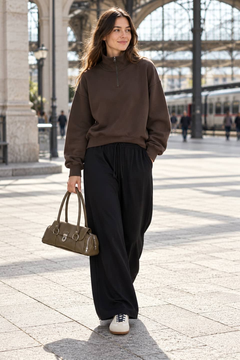 Simulazione AI indossata: Half zip e joggers, treno del mattino