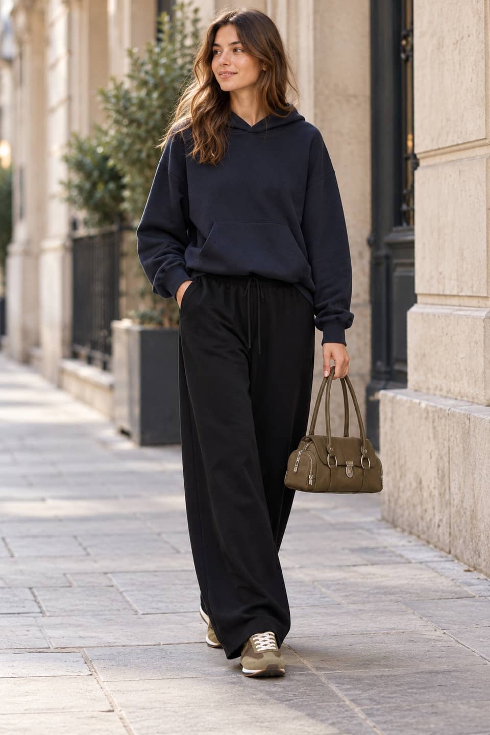 Simulazione AI indossata: Felpa navy e joggers, passeggiata lunga