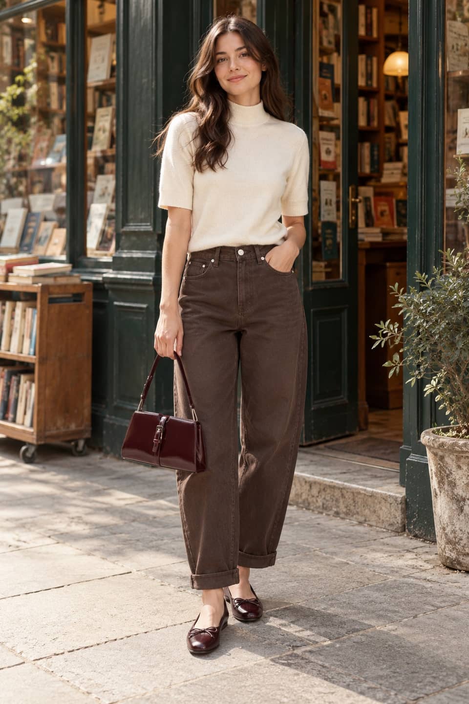 Simulazione AI indossata: Dolcevita crema e denim cacao, libreria