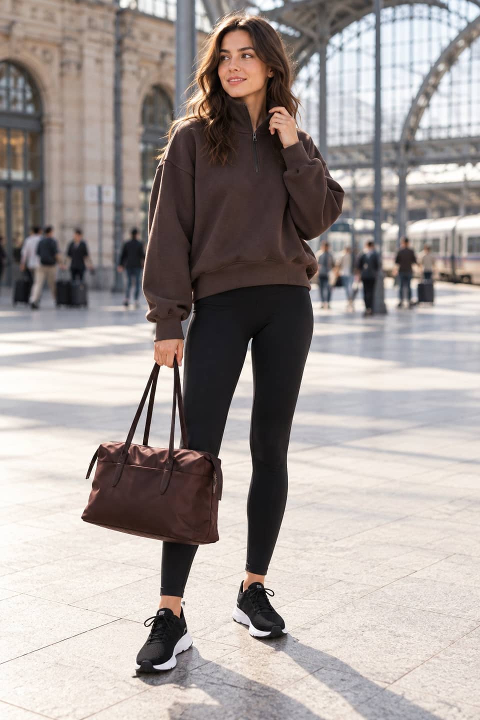 Simulazione AI indossata: Felpa cacao e leggings, viaggio comodo