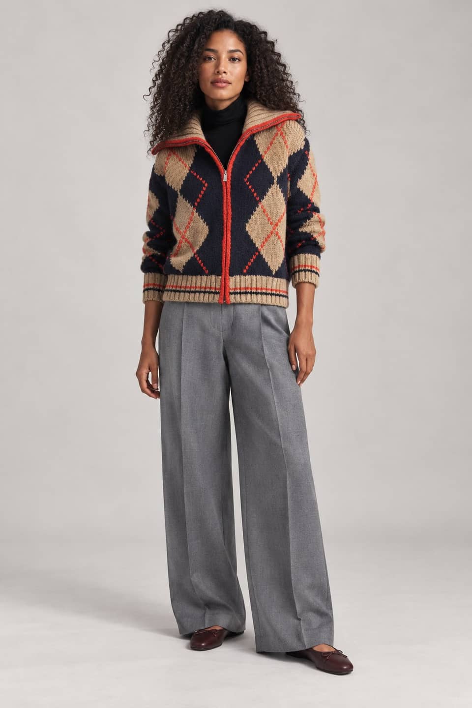 Simulazione AI indossata del look Rombi e sartoriale