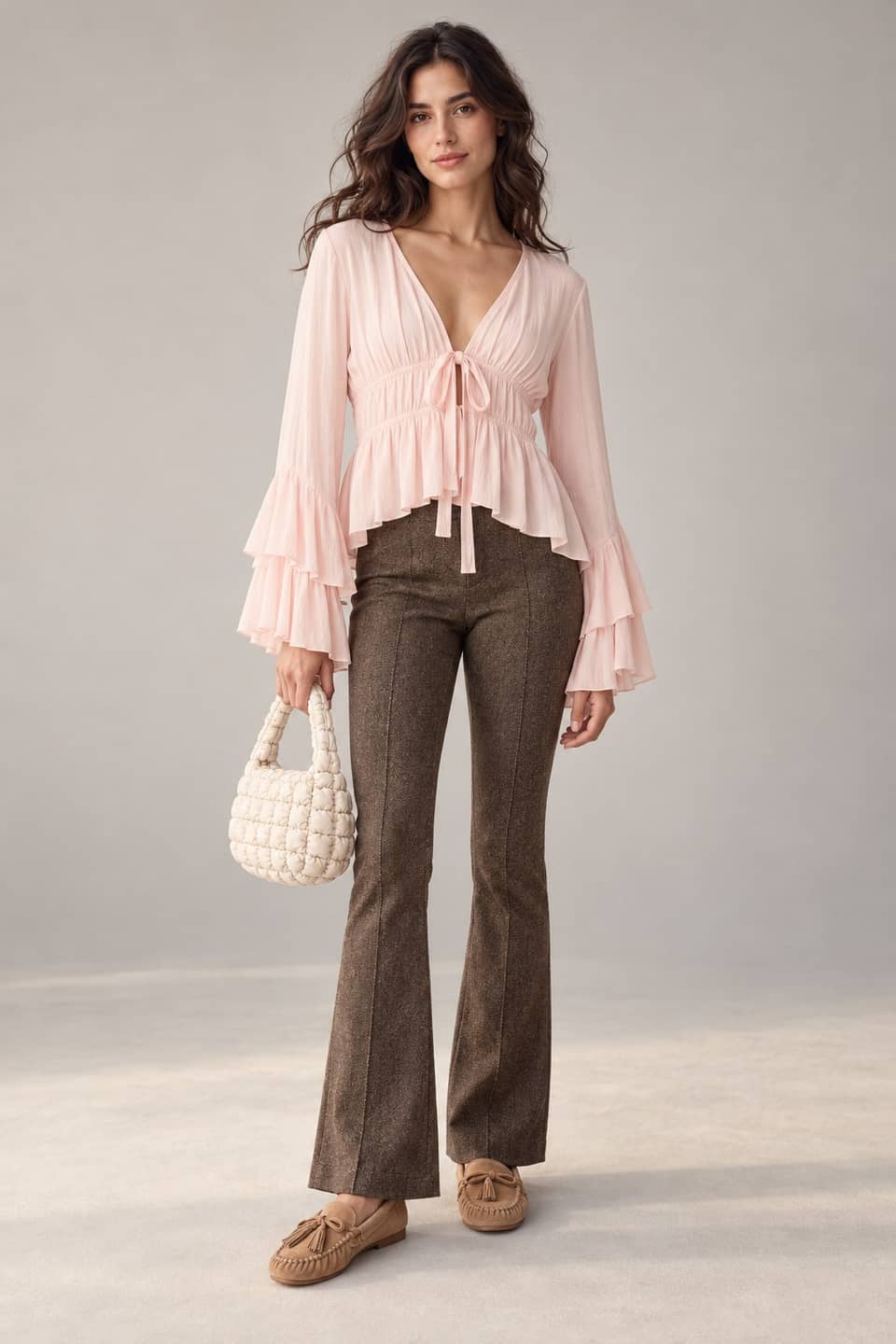 Simulazione AI indossata del look Rosa e flare marrone