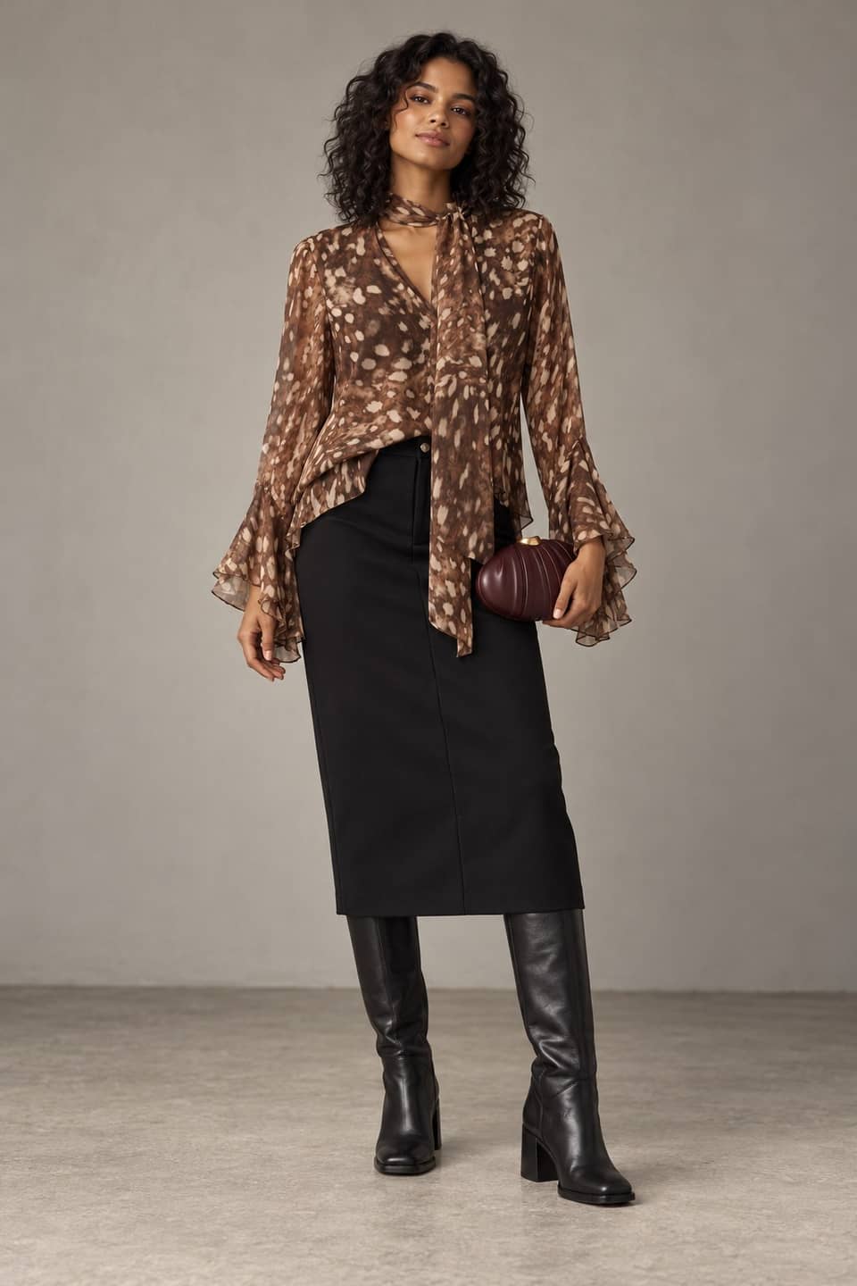 Simulazione AI indossata del look Chiffon animalier, sera