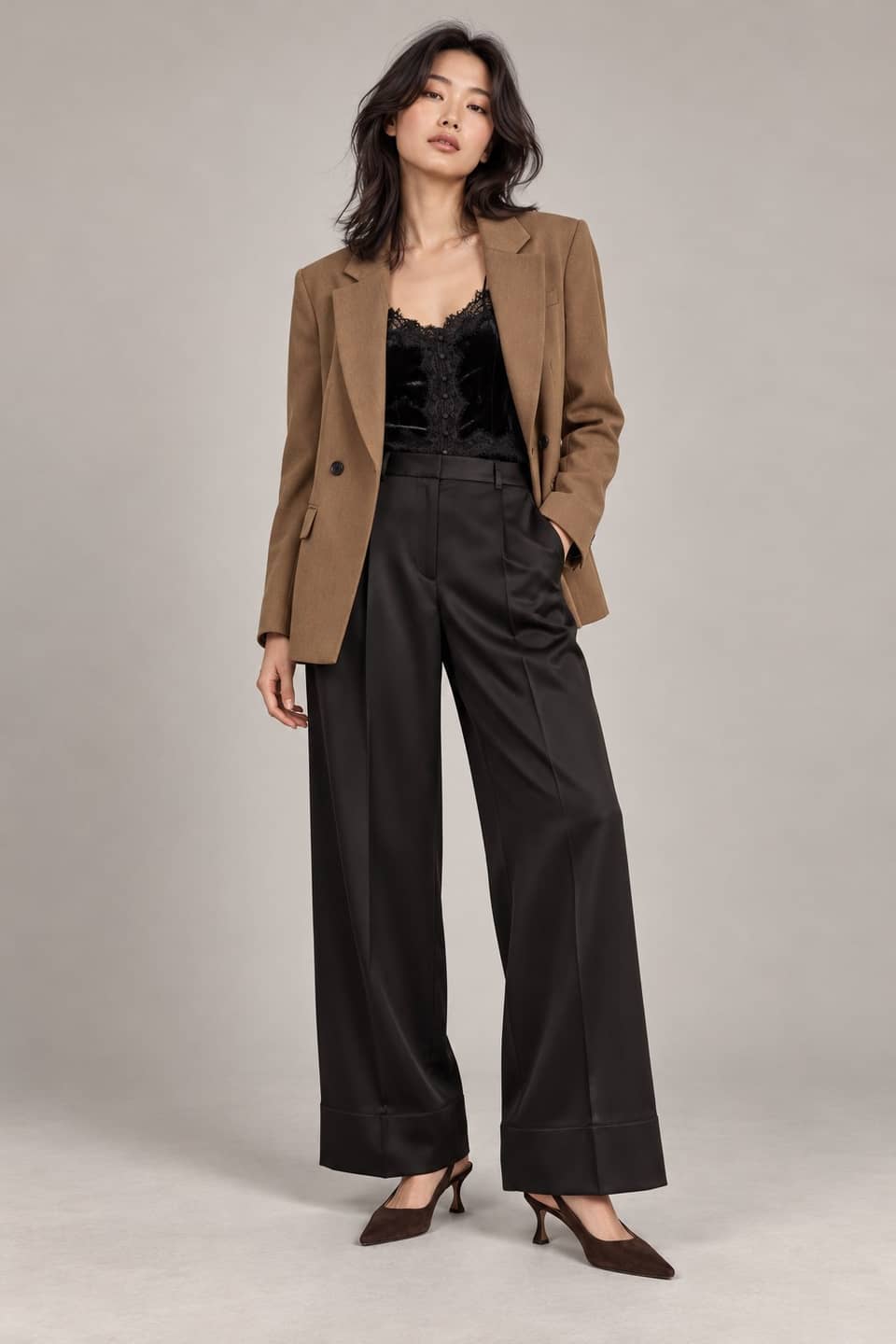 Simulazione AI indossata del look Velluto e sartoria