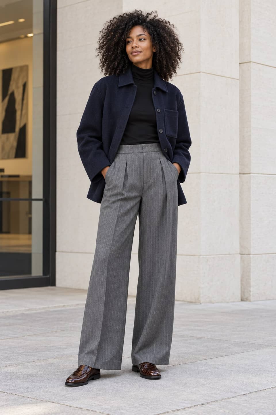 Simulazione AI indossata del look Navy e gessato al lavoro