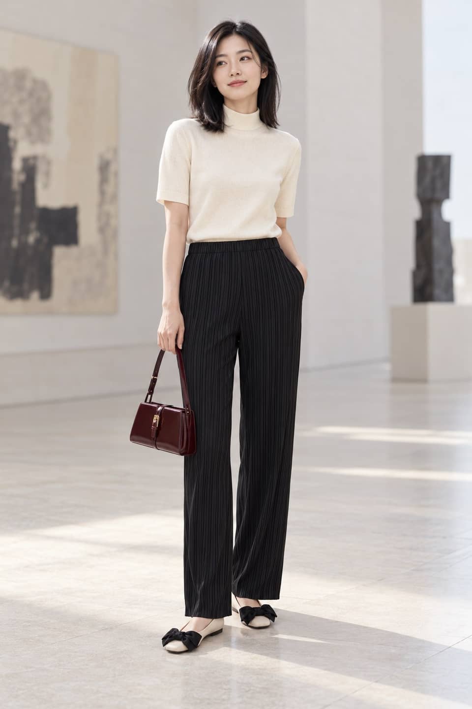 Simulazione AI indossata del look Plissé da museo