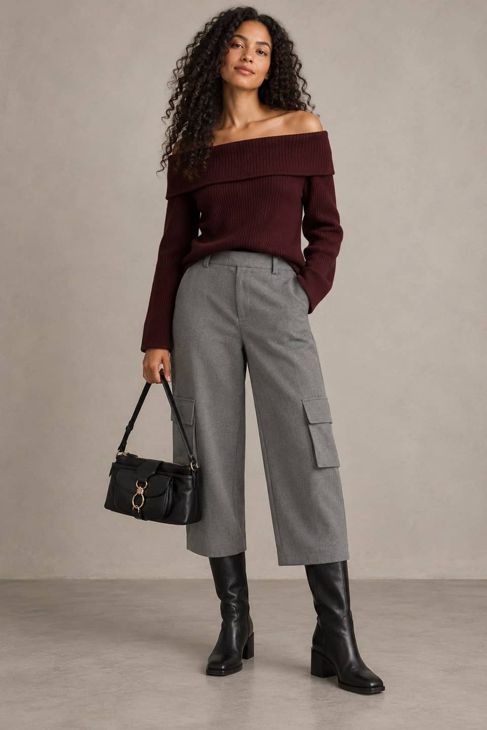 Simulazione AI indossata del look Cargo bordeaux, museo