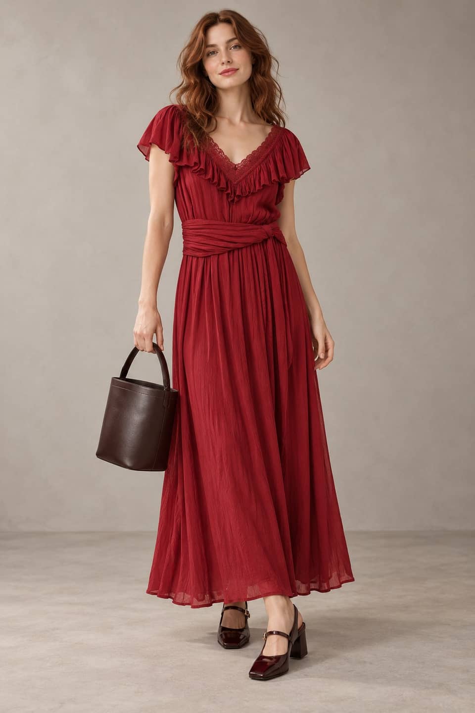 Simulazione AI indossata del look Maxi boho, ricevimento