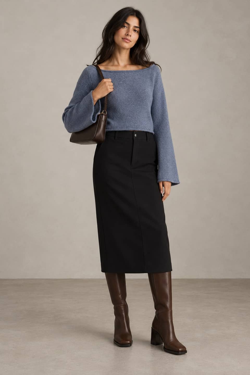 Simulazione AI indossata del look Sera azzurra e cioccolato