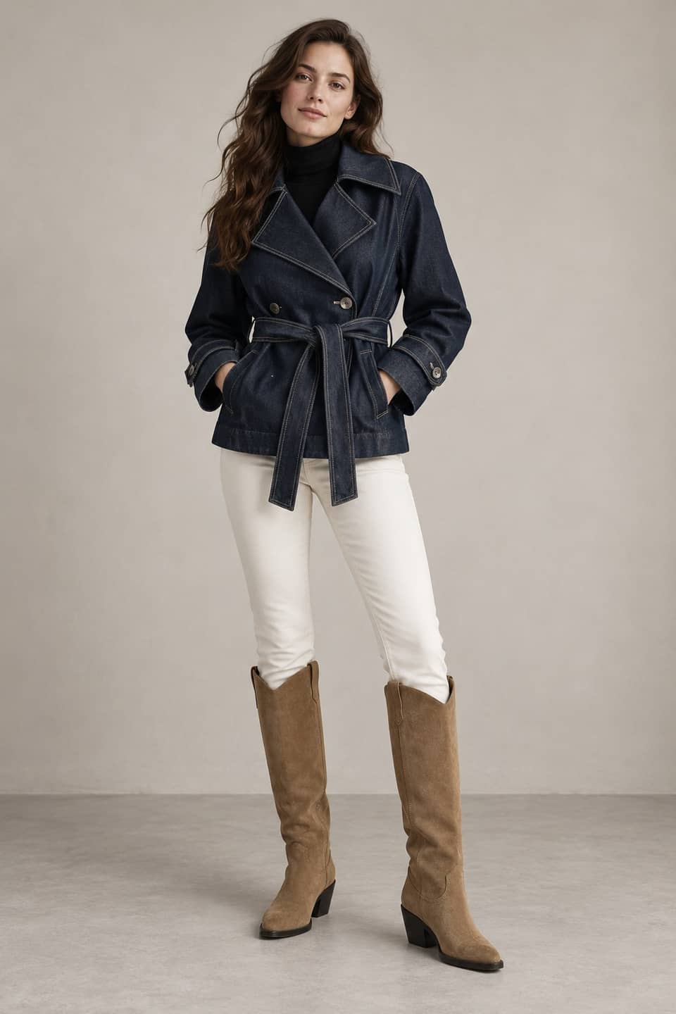 Simulazione AI indossata del look Trench denim, weekend