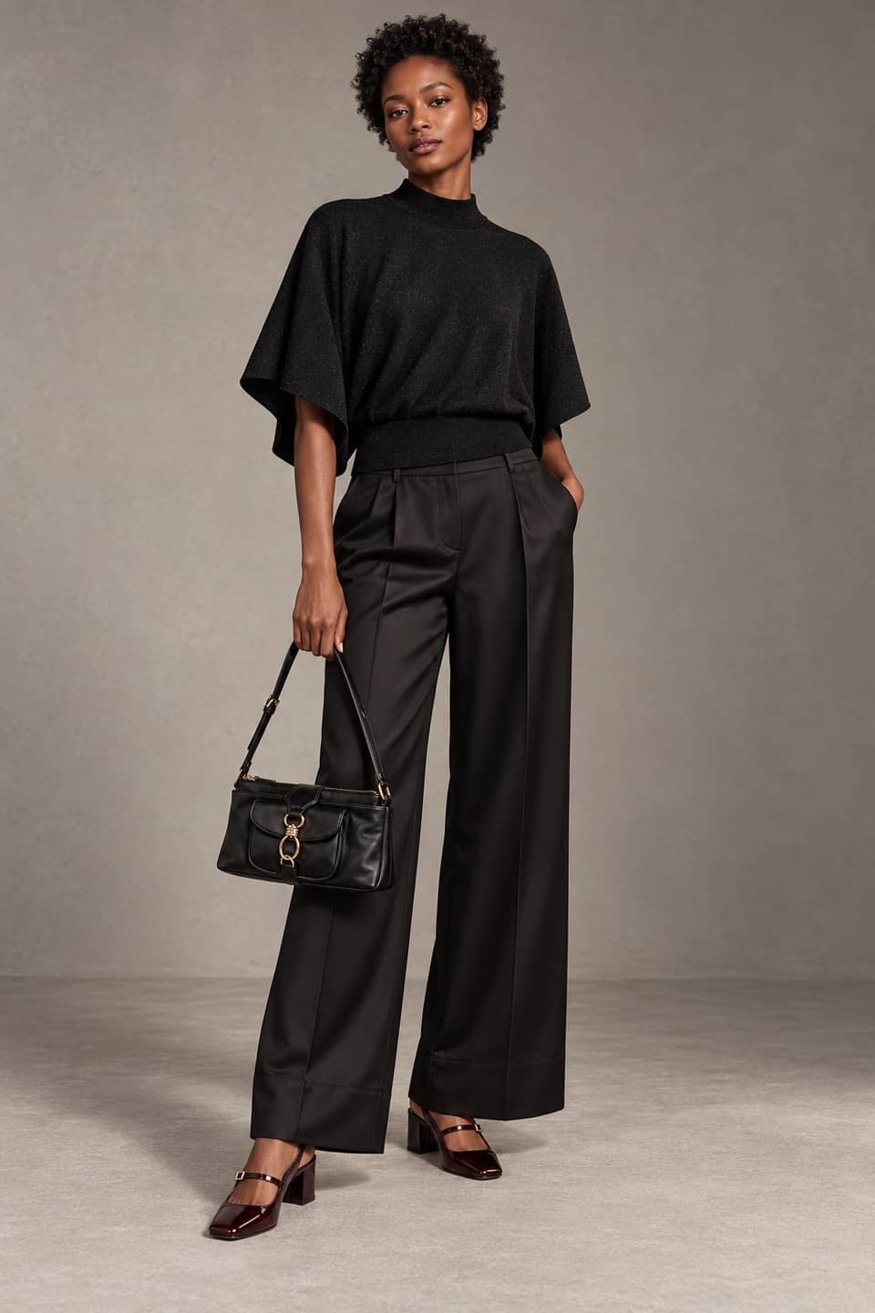 Simulazione AI indossata del look Satin per un appuntamento